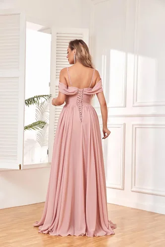 Miniatura 2 de BOLENSYE Vestidos de dama de honor con hombros descubiertos y bolsillos, vestido de noche formal con abertura larga de gasa fruncida