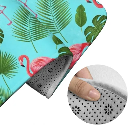 Miniatura 5 de Alfombra de cocina de poliéster antideslizante verde con hojas de plátano y palmeras tropicales, bonito pájaro exótico, flamenco rosa, tapete