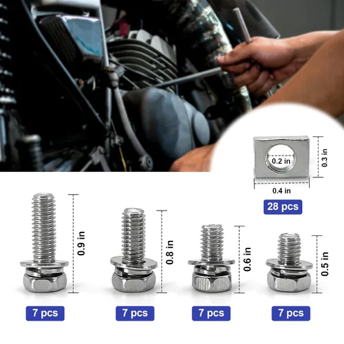 Miniatura 2 de Kit de 56 tuercas y pernos de terminales de batería de motocicleta de acero inoxidable, M6 x 0.394 in, 0.472 in, 0.630 in, 0.787 in, Kit de tuercas