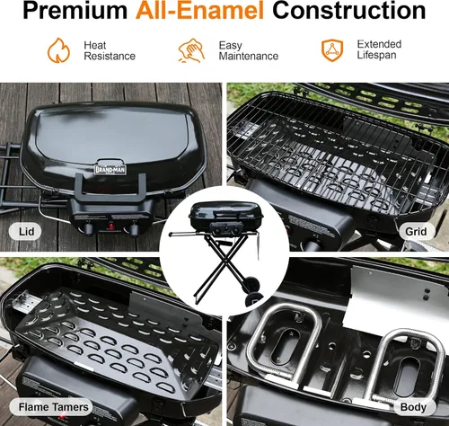 Miniatura 3 de Brand-Man - Parrilla portátil de gas propano con carrito plegable y botón de encendido, diseño de pie para campamento, portón trasero, barbacoa