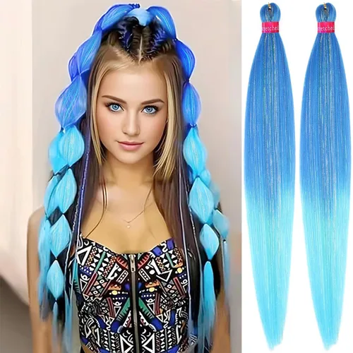 Miniatura 48 de Cabello trenzado verde con lentejuelas de 26 pulgadas, preestirado, trenzas de textura Yaki, extensiones de cabello pre plumadas, 3 paquetes, fácil