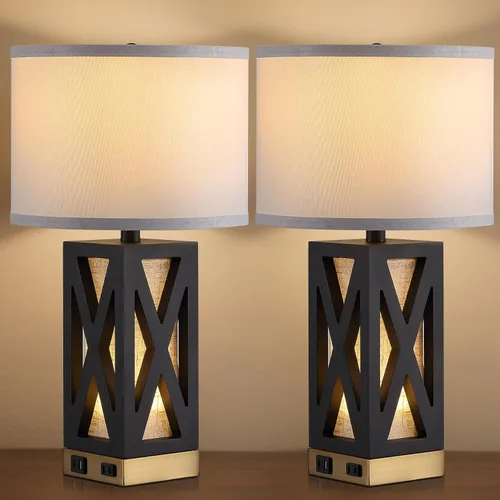 Miniatura 8 de Lámpara de mesa de madera con 3 temperaturas de color, lámpara de mesa de noche con salida de CA, puerto de carga USB A y C, lámpara de noche
