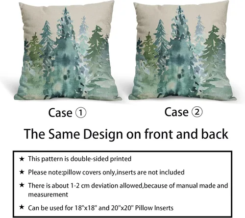 Miniatura 6 de Juego de 2 fundas de almohada de árbol azul verde acuarela de 22 x 22 pulgadas, estilo rústico, estampado de bosque natural, almohadas decorativas