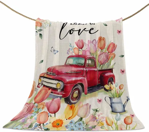 Miniatura 10 de Manta de Pascua de camión rojo, tulipán, manta suave y cálida, manta de franela de flores y mariposas para sofá, cama, manta para el Día