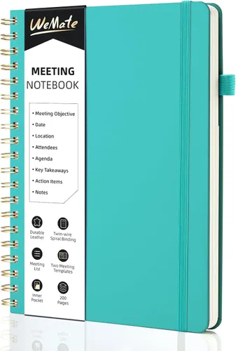 WEMATE Cuaderno de Reuniones para Trabajo B5 (7"x10") - Cuaderno de Trabajo de Cuero PU con Agenda, Elementos de Acción y Notas - 200 Páginas para