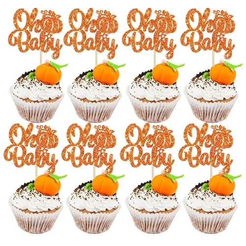 Miniatura 19 de Gyufise 24 piezas de decoración de cupcakes de calabaza con purpurina para temática de otoño, Acción de Gracias, Halloween, baby shower, niños