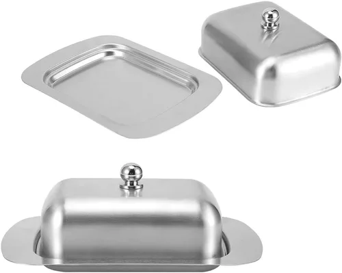 Miniatura 5 de Alvinlite Mantequillera de acero inoxidable, bandeja de mantequilla de doble cubierta, contenedor de pan de queso con tapa, accesorios para encimera
