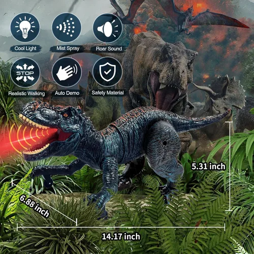 Miniatura 5 de Sunrad Juguetes de dinosaurio a control remoto para niños de 3-5, 4, 7, 8 a 12 años, robot electrónico a control remoto con aerosol, luz y rugido