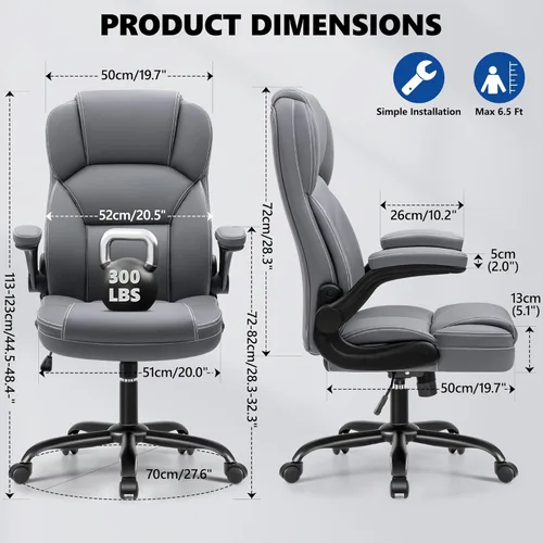 Miniatura 2 de Silla de Oficina Ejecutiva de Cuero PU, Silla Ergonómica de Respaldo Alto para Computadora y Juegos con Altura Ajustable, Giratoria con Ruedas y Gris