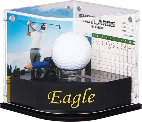 Vitrina de pelotas de golf para golfista águila. Trono de pelota negra con sello dorado. 2 marcos de fondo en cada lado de la cubierta curvada.