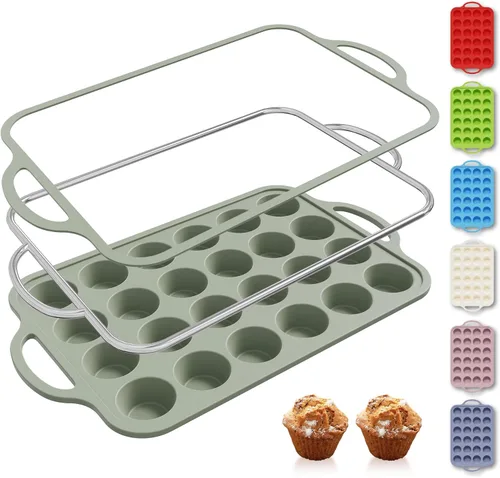 Miniatura 17 de 2 paquetes de 12 tazas de molde para magdalenas de silicona para hornear con marco reforzado de metal, molde para cupcakes de tamaño regular, Crema