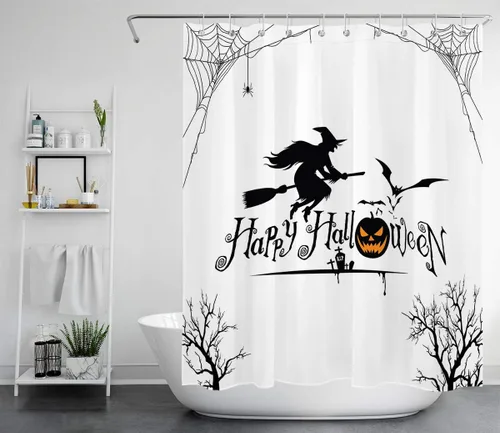 Miniatura 8 de HVEST Cortina de ducha con ganchos, calabaza espeluznante y fantasma con sombrero de bruja negro, juego de cortina de ducha naranja con flores