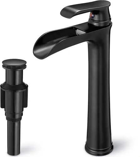 Grifo de Lavabo de Baño Cascada, Grifo de Baño Alto de Latón Negro de Una Sola Manija para Lavabo, Grifos de Baño de Un Orificio Mezclador Grifo de