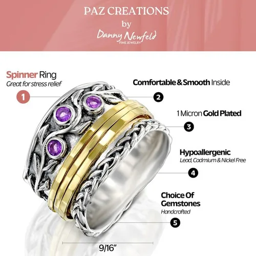 Miniatura 3 de Paz Creations - Anillos giratorios de plata de ley 925 para mujer con piedras preciosas naturales, banda gruesa con patrón martillado, joyería
