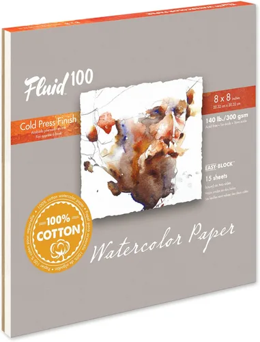 Bloque de Papel para Acuarela Fluid 100, 20 x 20 cm, 15 Hojas, 140 lb (300 g/m²) 100% Algodón, Ficha de Prensa Fría para Pintura Artística y Medios