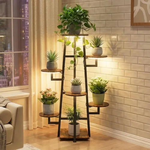 Miniatura 6 de Soporte para plantas de 7 niveles para interiores con luz de cultivo para múltiples plantas Corner Flower Stand, Vintage Multi-Layer Design