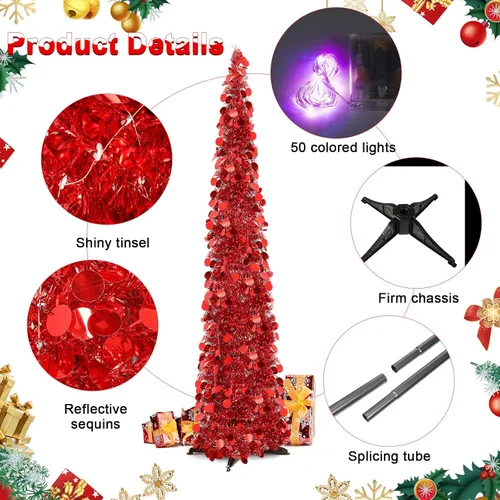 Miniatura 4 de Aoriher Árbol de Navidad de Oropel Emergente Preiluminado de 5 pies, Decoración Reutilizable Plegable con Lentejuelas Artificiales, Árbol Delgado