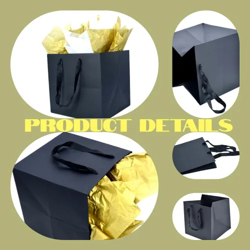 Miniatura 6 de JUNESHE Bolsa de regalo cuadrada negra grande con asas y papel de seda, 9.84 pulgadas, gran envoltura de regalo gigante para cumpleaños, boda