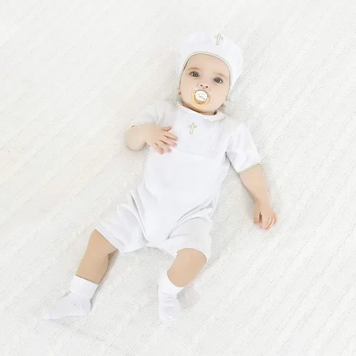 Miniatura 3 de HAPIU Traje de bautismo para bebé niño con sombrero y calcetines, traje de bautizo con detalle de cruz