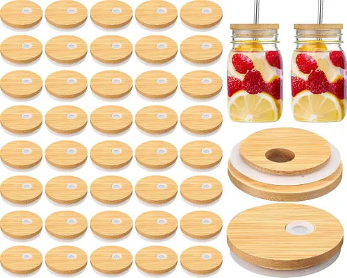 Miniatura 8 de Sieral Tapas de bambú para frascos de 2.756 in con agujero para pajilla, tapas reutilizables de madera para tarros de cerveza, cubierta de conservas
