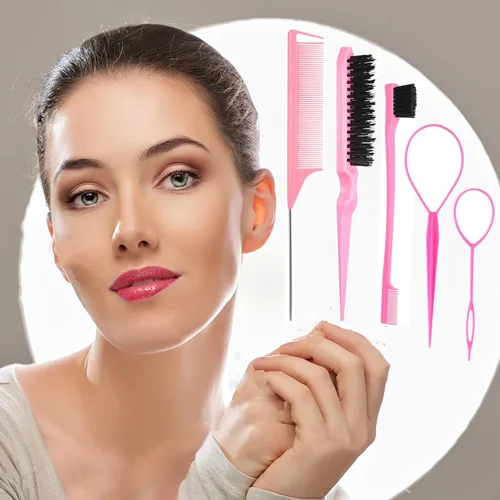 Miniatura 2 de 5 piezas de juego de cepillo Slick Back con herramienta Topsy Tail, cerdas para estirar, peine de rata para peinado de cabello de mujeres y niñas