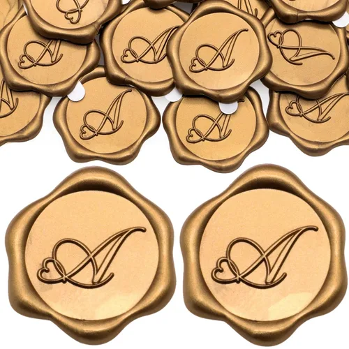 SWANGSA Paquete de 50 calcomanías de sello de cera de letra A, diseño de corazón dorado antiguo, calcomanías de cera inicial para boda, fiesta,