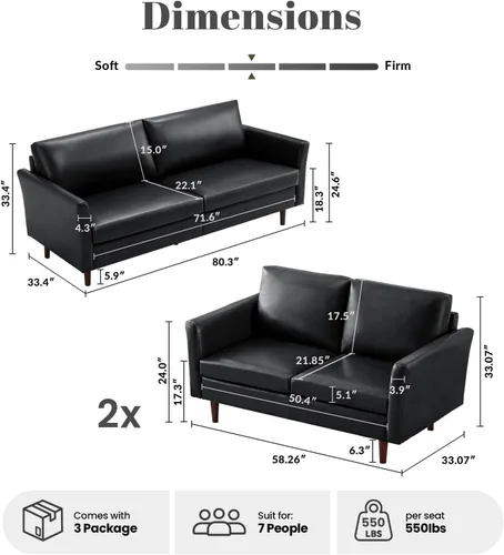 Miniatura 3 de Kingfun Juego de muebles de sala de estar, sofá de 3 plazas, sofá biplaza y sofá biplaza, juego de sofá moderno de mediados de siglo, sofá de piel