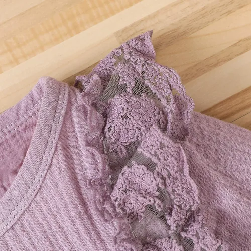 Miniatura 6 de Mono de algodón para bebé, ropa de niña con lazo para niña, un mameluco de encaje de lino para niñas de 0 a 24 meses (morado, 12 a 18 meses)