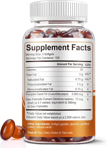 Miniatura 2 de Aceite de semilla de calabaza con cápsulas de palma enana americana, 3000 mg/porción, 300/600 cápsulas blandas Prensado en frío, aceite virgen