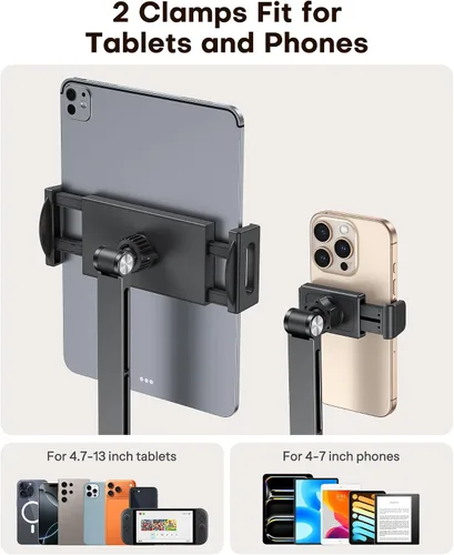 Miniatura 3 de OMOTON GH03 - Soporte para tablet con rotación de 360°, soporte de teléfono de brazo largo de aleación de aluminio GH03 con 2 abrazaderas de Negro