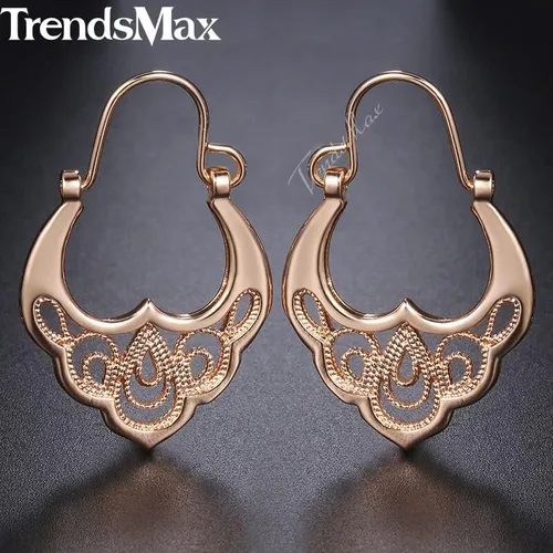 Miniatura 3 de 2024 New 585 Rose Gold Color Earrings For Women Girls Hollow Flower Pattern Luxury Wedding Earring Fashion Jewelry Valentines Gifts Fashion
