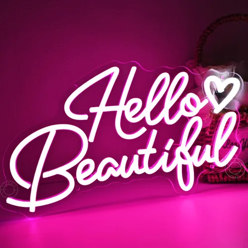 Miniatura 3 de SYLHOME Letrero de luz LED de neón con texto en inglés «Hello Beautiful» con diseño de corazón rosa Hello Gorgeous para dormitorio, boda, fiesta