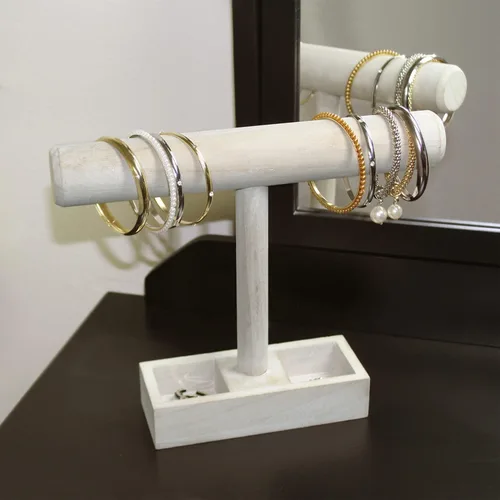 Miniatura 7 de MOOCA Soporte de exhibición ligero de madera para joyas con barra en T con bandeja de almacenamiento de 2 compartimentos para pulseras, relojes