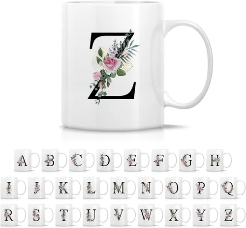 Miniatura 18 de Retreez Ramo botánico floral inicial A-Z con monograma, taza con monograma de cerámica de 11 onzas, regalo de agradecimiento de agradecimiento