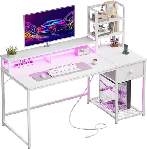 Miniatura 10 de Escritorio para juegos de 44 pulgadas con gabinete y cajones, escritorio reversible para computadora con estante para monitor, escritorios