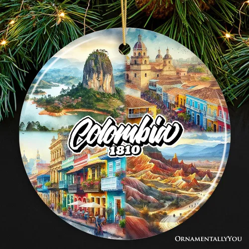 Miniatura 7 de Colorido adorno navideño de cultura y monumentos de Colombia, regalo del patrimonio latinoamericano y recuerdo de Bogotá (círculo - versión 1)