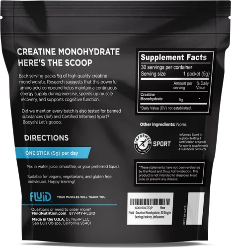 Miniatura 2 de Fluid Creatina - Certificado Informed Sport Polvo micronizado ultrafino 100% monohidrato de creatina Sin sabor Paquetes de bastones de viaje