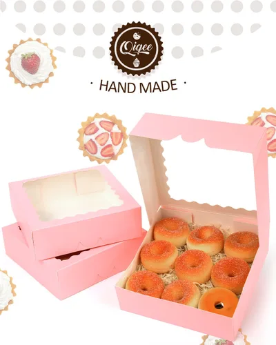 Miniatura 4 de qiqee - Cajas de repostería rosas autodeslizables 50 paquetes, cajas para pasteles de 8 x 8 x 2.5 pulgadas con ventana Rosado
