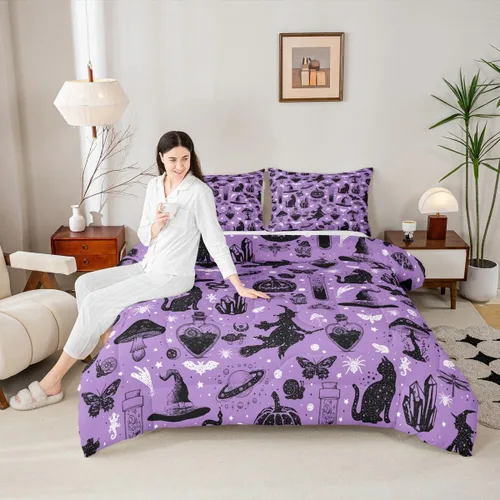 Miniatura 4 de Juego de edredón de Halloween, ropa de cama individual con diseño de calabaza y gato para niñas y niños, juego de ropa de cama de poción mágica