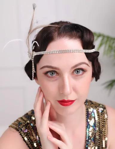Miniatura 5 de Aimimier Diadema de plumas para novia de los años 20 con cadena de cabeza de cristal, borla de plumas blancas rugientes de los años 20, accesorios