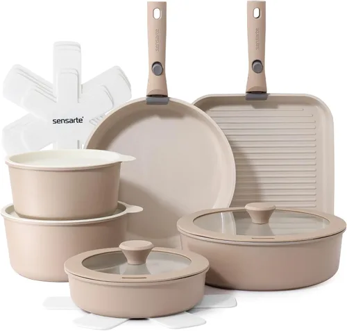 SENSARTE Juego de ollas y sartenes de cerámica de 17 piezas, antiadherentes con mango desmontable, utensilios de cocina de inducción con mango Beige