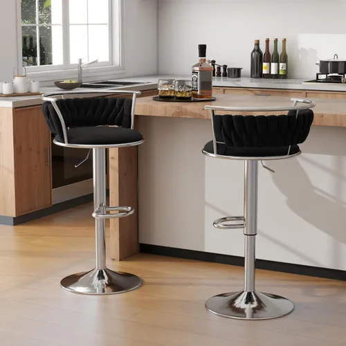 Miniatura 6 de Juego de 2 taburetes de bar giratorios de 360°, silla de bar de terciopelo ajustable a altura de mostrador moderna, taburete de metal plateado