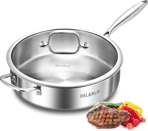 Miniatura 12 de DELARLO Sartén Salteadora Híbrida de Acero Inoxidable de Tres Capas de 10 Pulgadas, 3QT Sartén de Chef para Cocinar, Anti-Rayones, Compatible