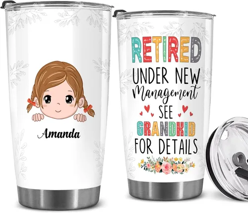 WHIDOBE Vaso de jubilado personalizado (1 niño) personalizado jubilado bajo nueva administración, mira a los nietos para obtener detalles, vaso con