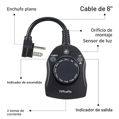 Miniatura 7 de TiFFCOFiO Enchufe Temporizador para Exteriores, Temporizador con Sensor de Luz del Atardecer al Amanecer Resistente a la Intemperie, 2 Enchufes
