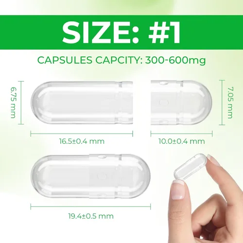 Miniatura 2 de Cápsulas vacías de tamaño 1 a base de plantas veganas transparentes (500 unidades) sin gluten, sin OMG, kit de llenado de pastillas