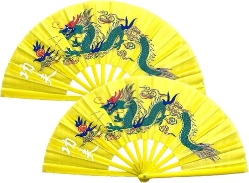 Paquete de 2 abanicos de mano plegables grandes con dragón chino para decoración del hogar, raves, festivales, conciertos, espectáculos - 13 Amarillo