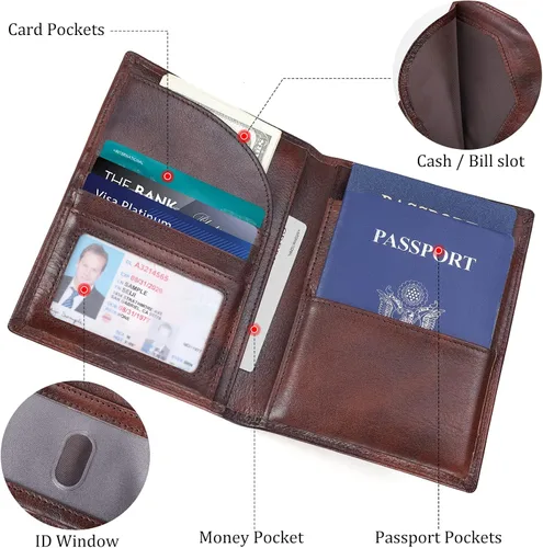 Miniatura 5 de Polare - Soporte para pasaporte de cuero de grano completo con bloqueo RFID, billetera plegable para viajes, 2 pasaportes, Café, Slim
