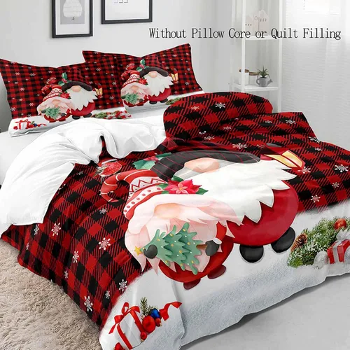 Miniatura 3 de LUVIVIHOME Juego de 3 Piezas de Funda de Edredón de Navidad Tamaño Queen, Juegos de Ropa de Cama, Funda de Edredón a Cuadros Búfalo Negro y Rojo