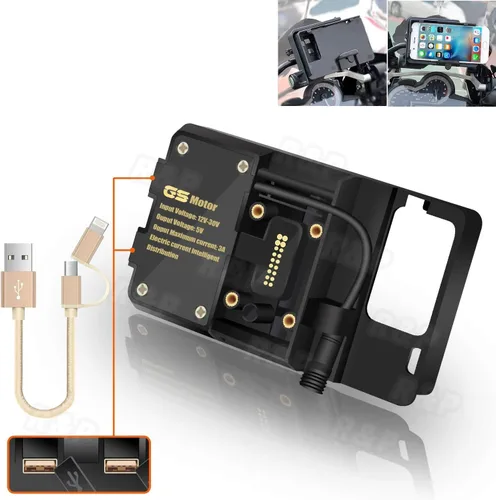 R&P para BMW R1200GS Soporte de navegación para teléfono móvil ADV F700 800GS CRF1000L África Twin para Honda motocicleta USB carga 12MM montaje